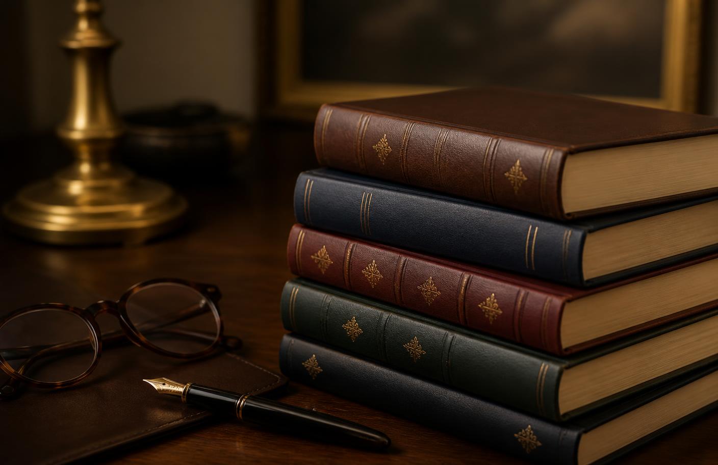 Hardcover books, a fountain pen and reading glasses on a wooden writing desk