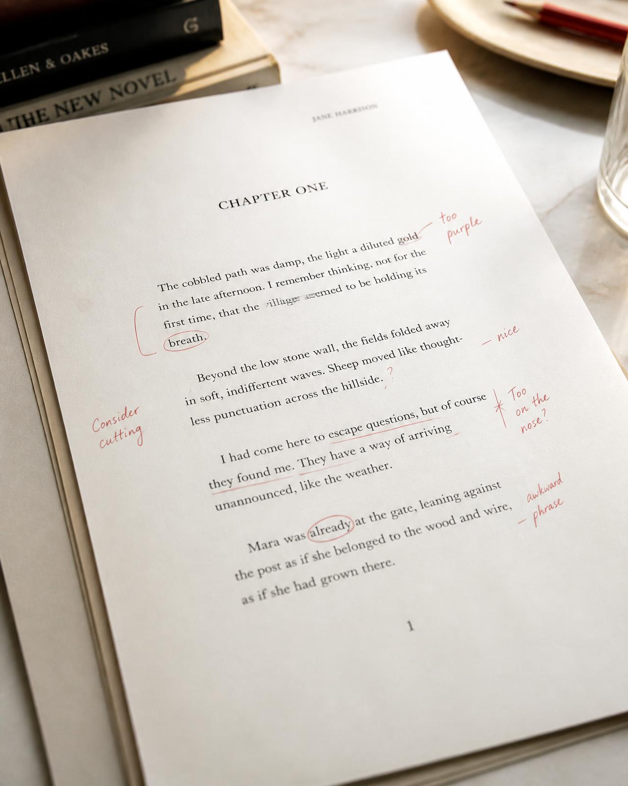 A printed manuscript page on a desk with handwritten editorial notes in the margins
